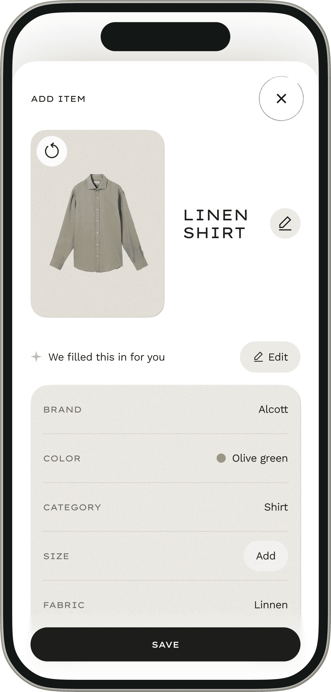Stylee add-item screen with a garment photo and auto-filled item details.