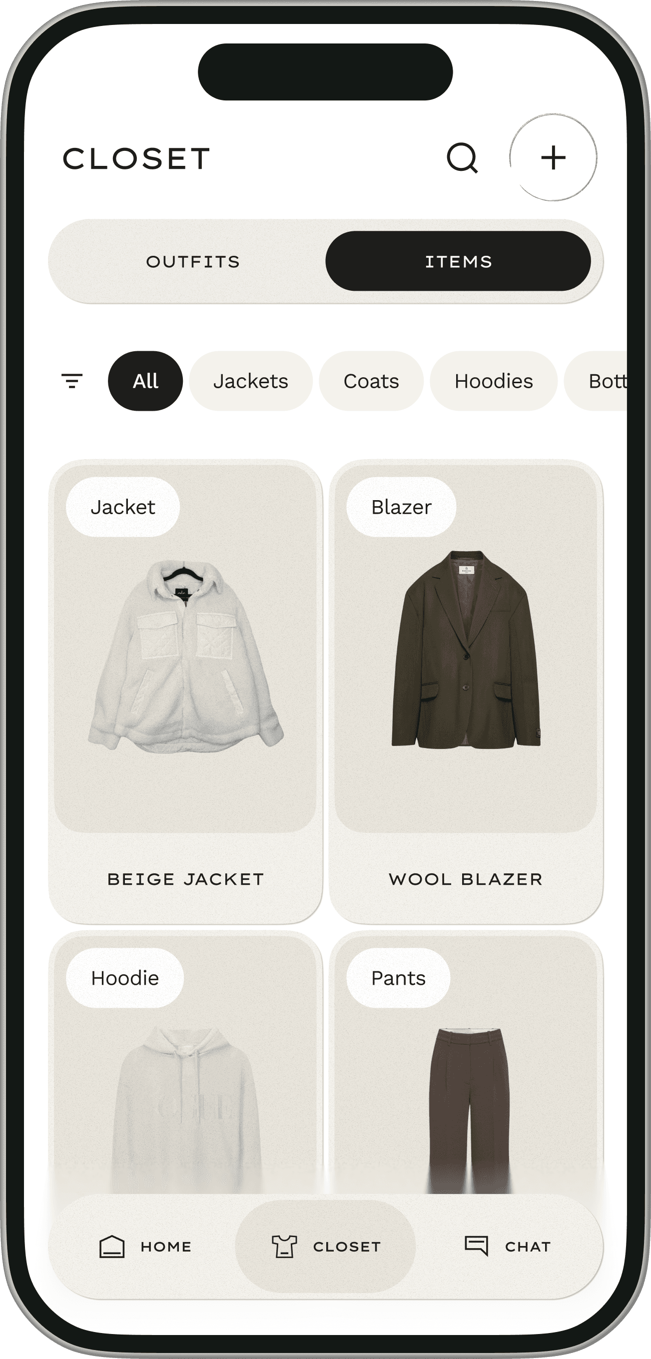 Stylee closet screen with filters and a grid of saved clothing items.
